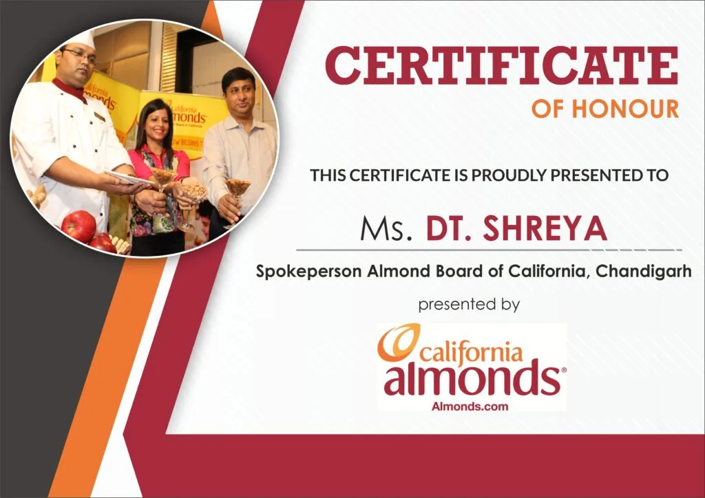 California Almonds Board recognition for Dietitian Shreya