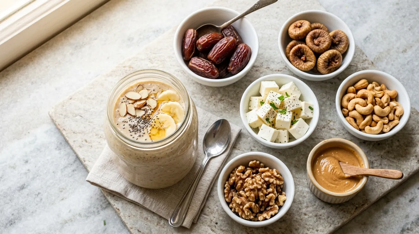 Nutrient-dense whole foods like nuts, dates, homemade paneer, and a wholesome smoothie for healthy weight gain