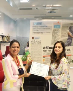 Dietitian Shreya presenting a professional certification, highlighting clinical expertise for online diet consultation services.
