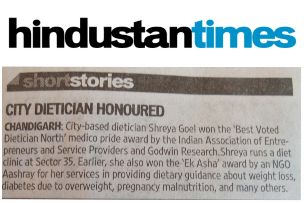 Hindustan Times feature honouring Chandigarh dietitian Shreya Goel as Best Voted Dietitian North
