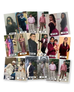 Before and after weight loss results from clients using personalized diet plans at Dietitian Shreya's medical diet clinic.